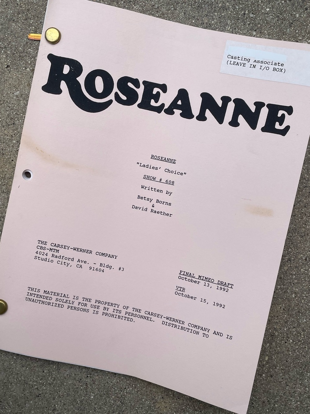 Roseanne Vtg 1992 Production Used Final Draft Script Ladies Choice LESBIANS!